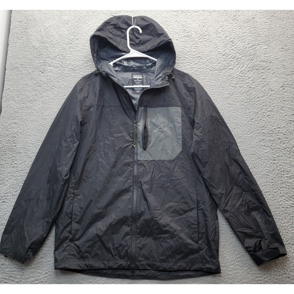 Xersion Outdoor‎ Waterproof Jacket Mens Medium Black Long Sleeve Hooded Full Zip